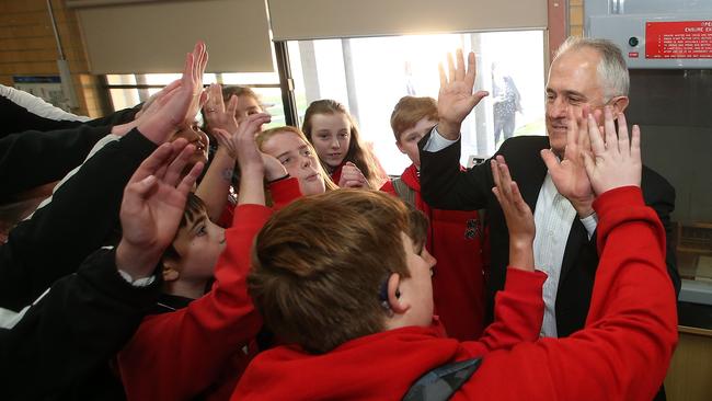 PM Malcolm Turnbull with students on a visit to Batemans Bay High School in Batemans Bay, NSW. Picture Kym Smith