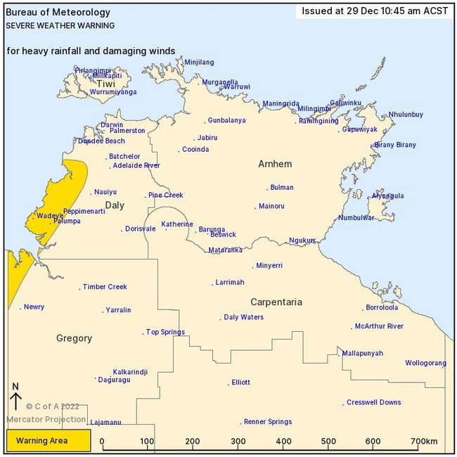 A severe weather warning for people in parts of Daly and Gregory districts issued by BOM on Thursday 29 December 2022. Map: BOM