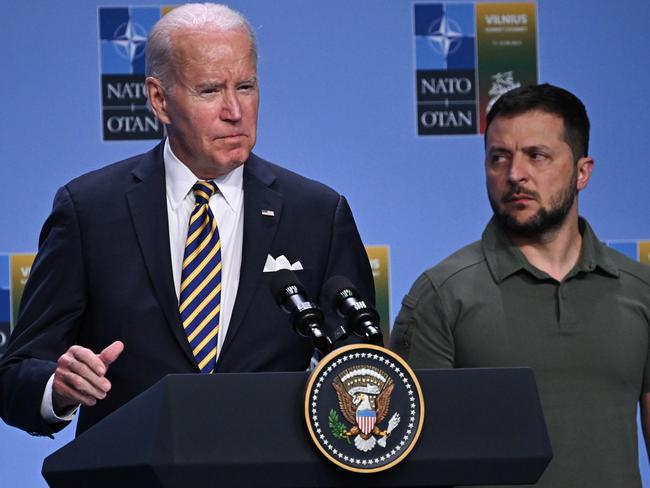 *** BESTPIX *** VILNIUS, LITHUANIA - JULY 12: (L-R) US President Joe Biden speaks alongside Ukrainian President Volodymyr Zelensky during a G7 declaration of joint support for Ukraine on July 12, 2023 in Vilnius, Lithuania. (Photo by Paul Ellis - Pool/Getty Images)