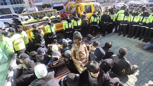 Japan is recalling its ambassador in response to the placing of the statue. Many Koreans and other women in Asia were forced to work in brothels for the Japanese military during World War II in what was called the ‘comfort-woman’ system. Picture: Kim Sun-ho/Yonhap via AP