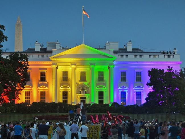 The White House lit in rainbow colours on June 26, 2015, the day the Supreme Court ruled to legalise same-sex marriage. The fact the marriage equality debate is still raging in Australia perplexed Q &amp; A’s two international guests. Picture: Pablo Martinez Monsivais/AP