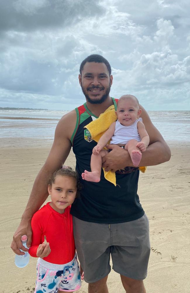 NT Indigenous All Stars Rugby League player Eddie Wosomo with his two daughters. The 27-year-old was one of two men killed in a single vehicle crash on the Arnhem Highway, 90km west of Jabiru, on Thursday, March 28.