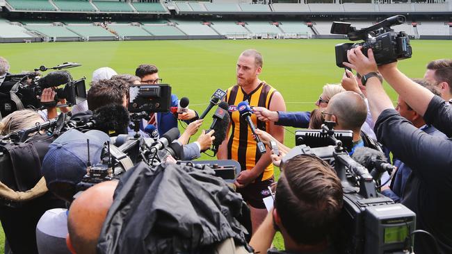 Hawks captain Jarryd Roughead talks to the media at the captains’ day. Picture: Getty Images