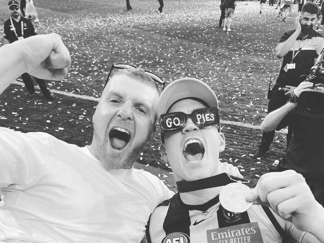 Conor Clarke with Collingwood star Brayden Maynard after the 2023 grand final. Conor ran onto Marvel stadium ground on Sunday night and now faces a lifetime ban from the ground. Picture: Instagram.