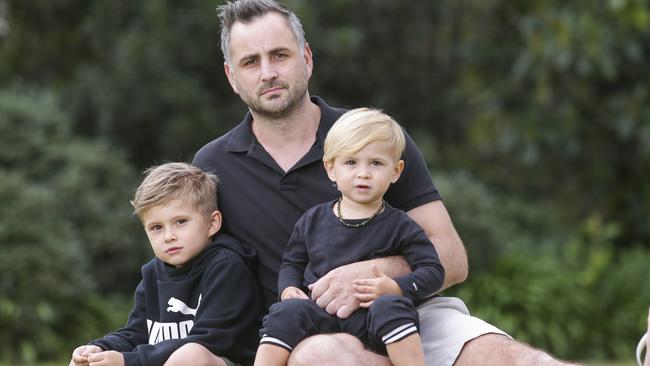 Former AFL player Ty Zantuck with his kids Jagger, 6, and Zepplin, 2. Picture: Wayne Taylor