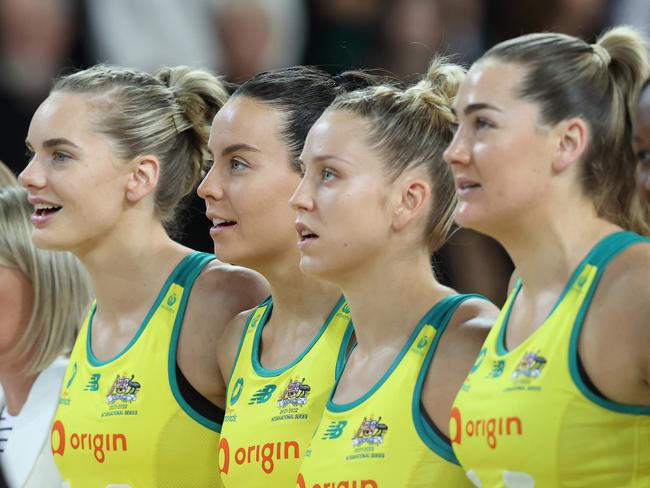 AUCKLAND, NEW ZEALAND - OCTOBER 12: Ruby Bakewell-Doran of the Australian Diamonds (C) sings the anthem during the Constellation Cup netball match between New Zealand and Australia at Spark Arena on October 12, 2022 in Auckland, New Zealand. (Photo by Phil Walter/Getty Images)