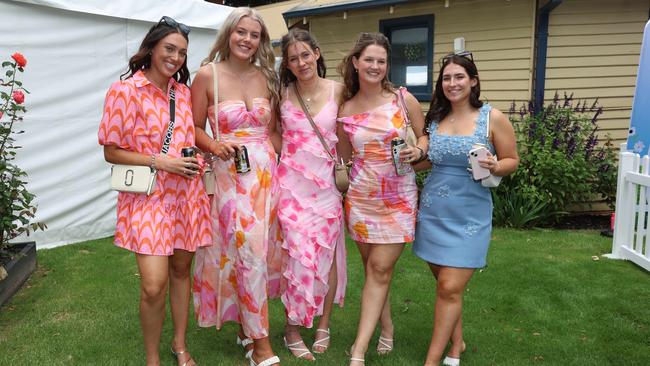 Amika Davies, Ella McKay, Emma Jones, Bridie Kennedy and Meg Maher attend the Ballarat Cup. Picture: Brendan Beckett