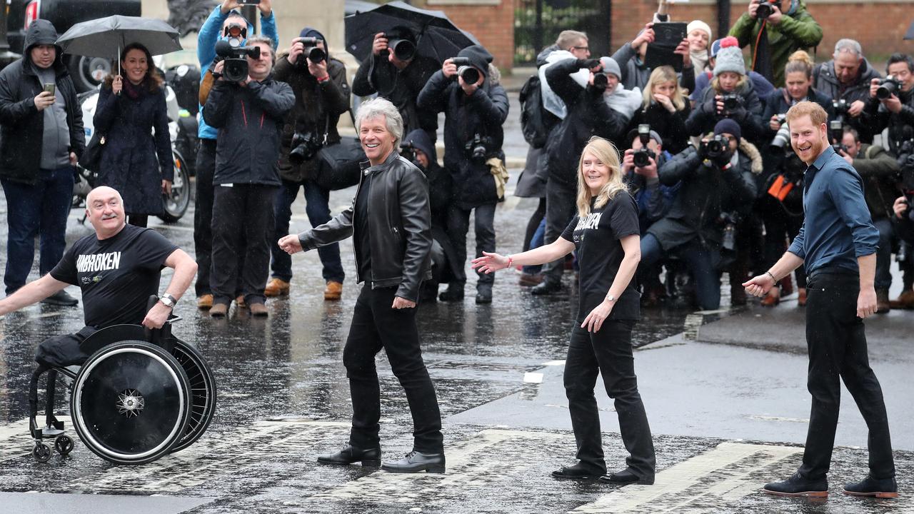 The Invictus Games was Harry’s charitable brainchild and a huge success. Prince Harry and Jon Bon Jovi pose with Invictus Games representatives on London’s Abbey Road crossing on February 28, 2020. Picture: Chris Jackson/Getty Images.