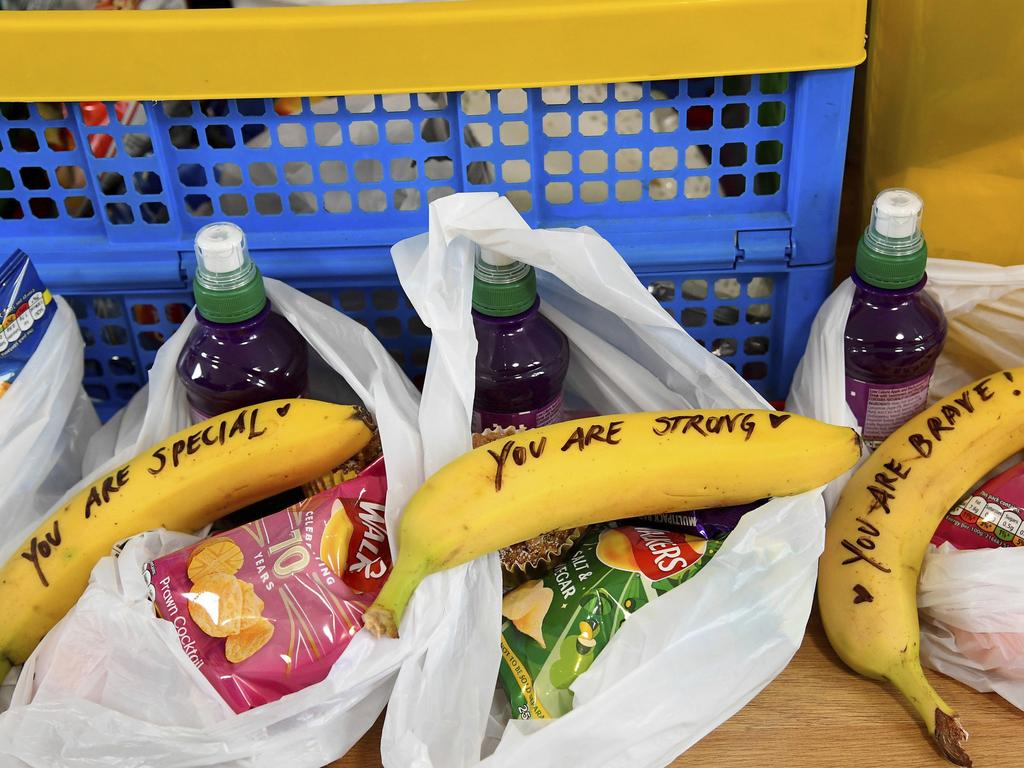 Messages written on bananas by Meghan, the Duchess of Sussex as she helped to prepare food parcels to be dispatched by a charity to sex workers.