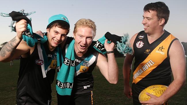 POWER BOOST: Aldinga Sharks players Michael Fasano, Simon Stead and David Mike are excited about Port Adelaide’s support for the club. Picture: Calum Robertson