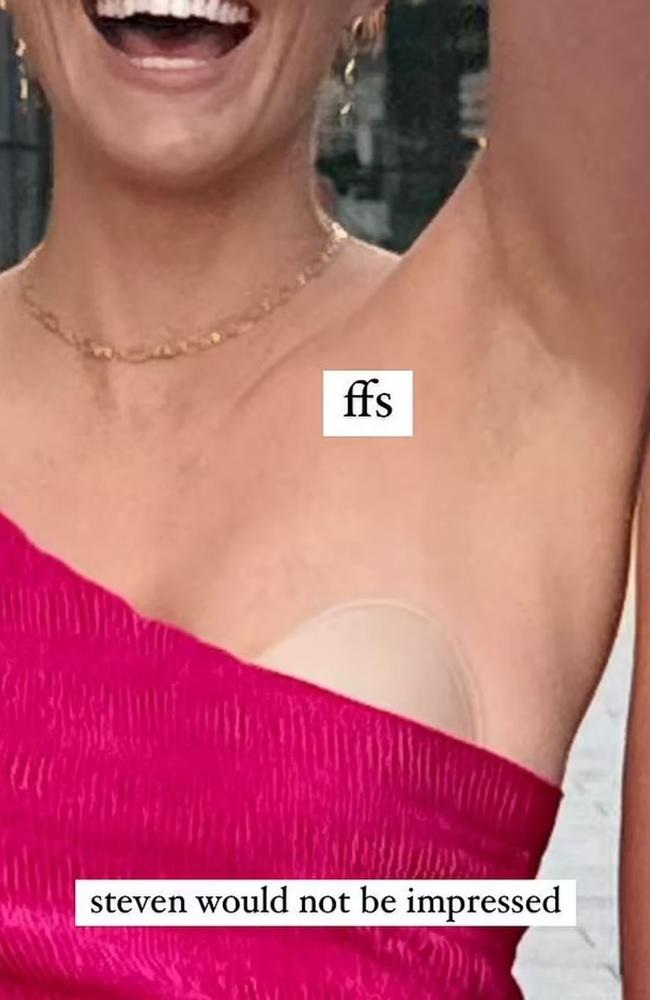 When she lifted up her arm, she exposed her stick-on bra. Picture: Instagram/Laura Byrne