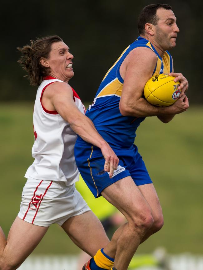 Rowan Bilkey of East Coast Eagles marking strongly on the lead. Pictures: Michael Vettas/Vettas MEDIA