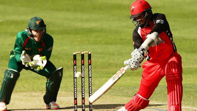 Tom Cooper plays a shot as the Redbacks try to blast their way to a bonus point against Tasmania in their Matador Cup match. Picture: Matt King (Getty Images)