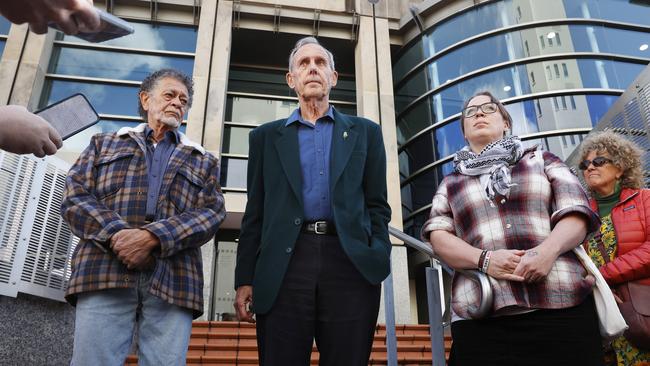 Jim Everett, Bob Brown and Kristy Lee Alger. Forest protesters at Hobart Magistrates Court. Picture: Nikki Davis-Jones