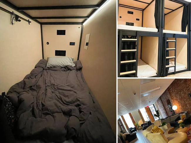 Workers in San Francisco rent $1100-per-month ‘sleeping pods’. Pictures: Brownstone Shared Housing/@ctjlewis Twitter