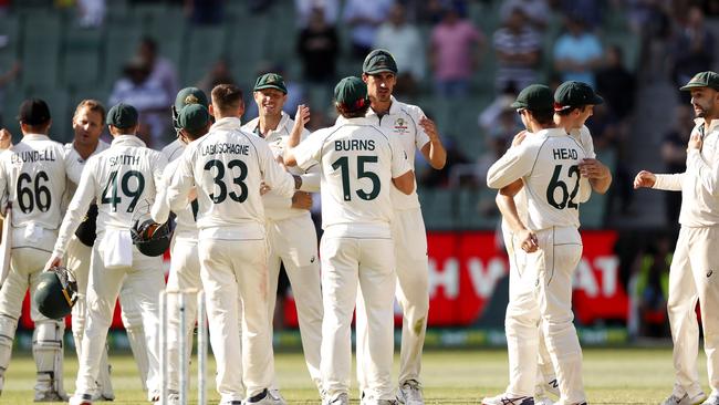 Job not done yet... Australian players celebrate their series victory following the MCG Test win. Picture: Getty