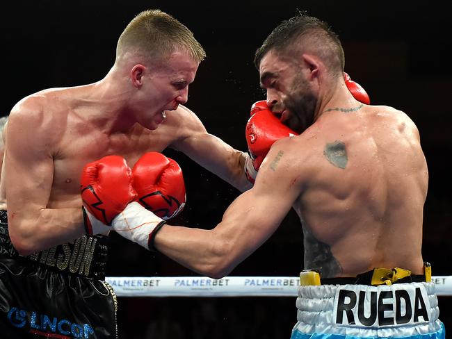 Wilson lands one right on Rueda’s moosh. Picture: Getty Images