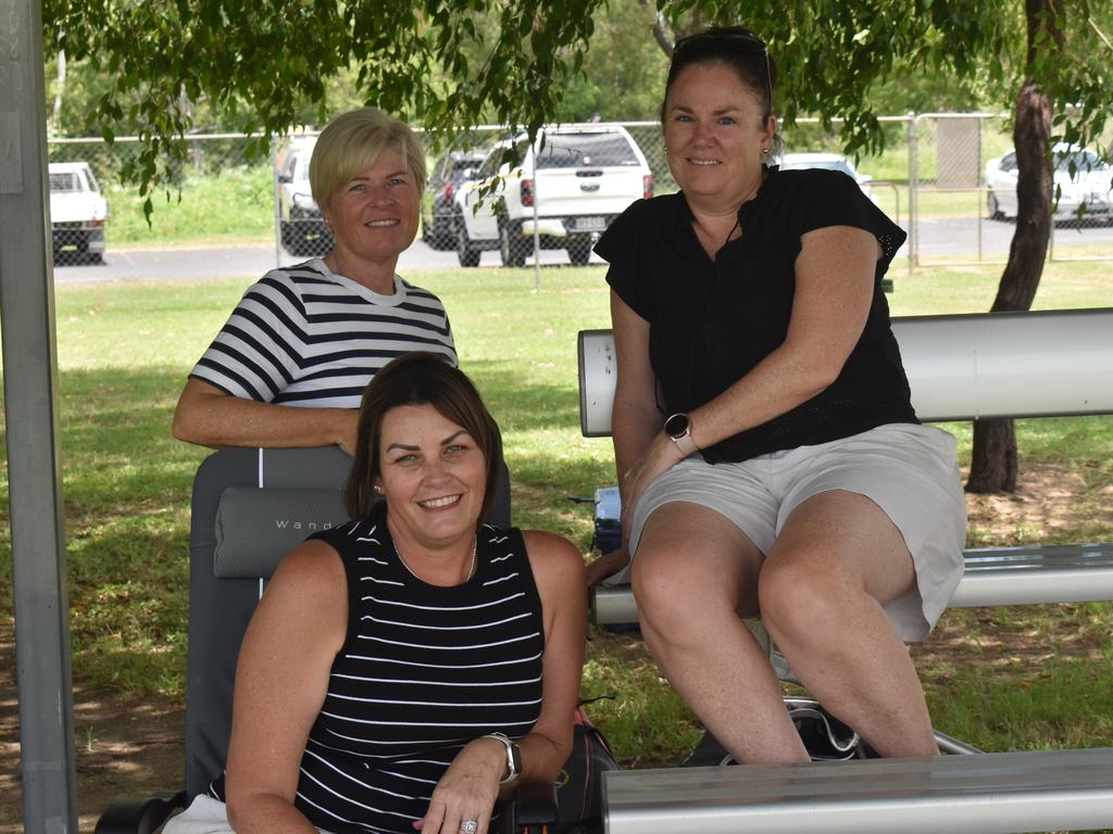 Sonja Offord, Rachel Nelson and Amanda Crouch (front) at Rockhampton Cricketâ€™s Country Carnival on January 25, 2025.