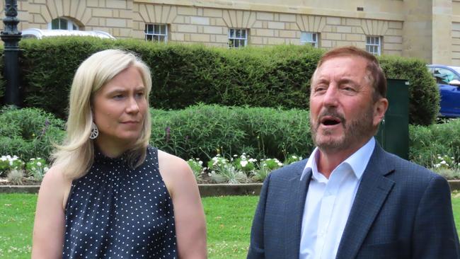 Independent Kristie Johnston and JLN MP Andrew Jenner speaks to the media on Parliament Lawns in Hobart on Monday, January 20, 2025.