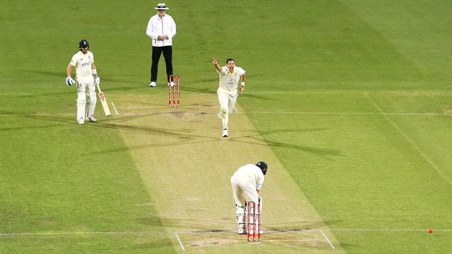 Perfect spot: Boland takes the wicket of Joe Root of England during the Fifth Test in Hobart. Picture: Mark Kolbe - CA/Cricket Australia via Getty Images