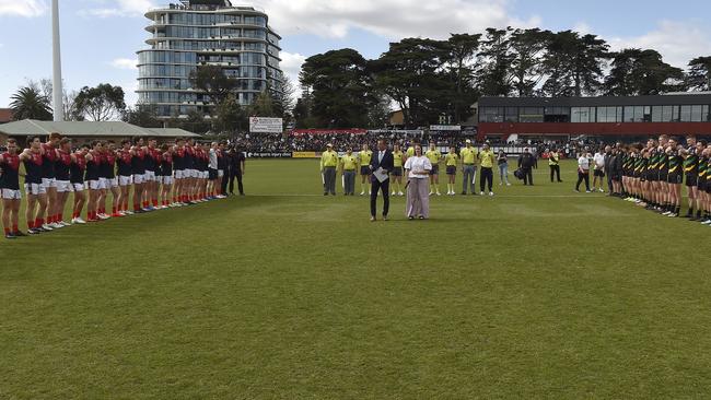 Mt Eliza and Dromana line up before the game. Picture: Andrew Batsch