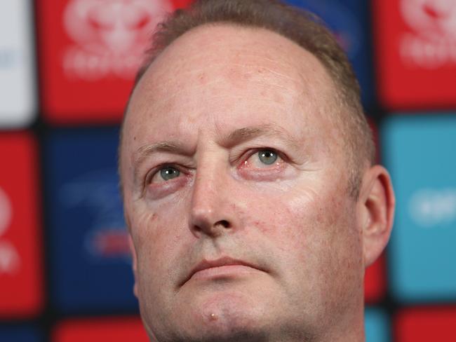 Crows Chairman Rob Chapman talks to media at a press conference at Adelaide Crows HQ in West Lakes about Don Pyke's decision to step down as Senior Coach of the Adelaide Football Club. (AAP/Emma Brasier)