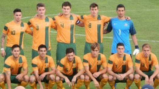 Tom King (front row, far right) ahead of a game for Australia U/20 against Portugal in 2012. His teammates include Corey Gameiro (next to King), Jamie Maclaren (far left, back row) Connor Chapman (second left, back row), Curtis Good (middle, back row), goalkeeper Paul Izzo and Josh Brillante (front row, far left).