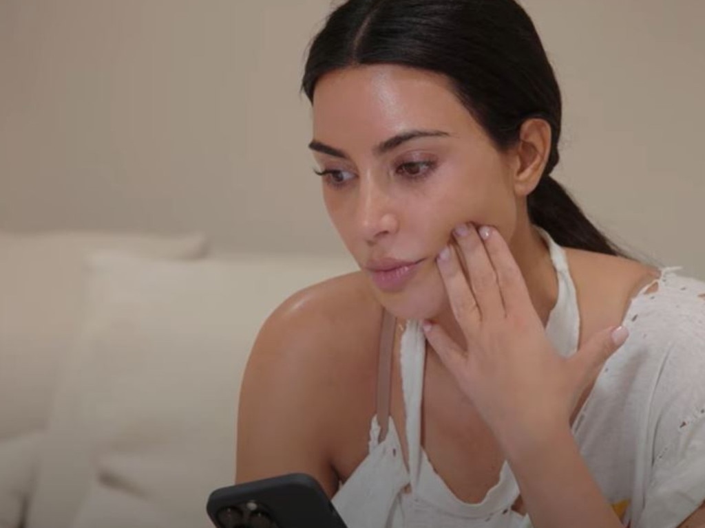 Kim Kardashian on the phone to her sister, Kourtney, where she copped a rather brutal insult. Picture: Disney+