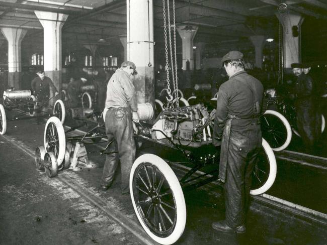 1920s: Model T Ford’s on the production line at Ford’s Geelong plant. Picture: News Corp Australia