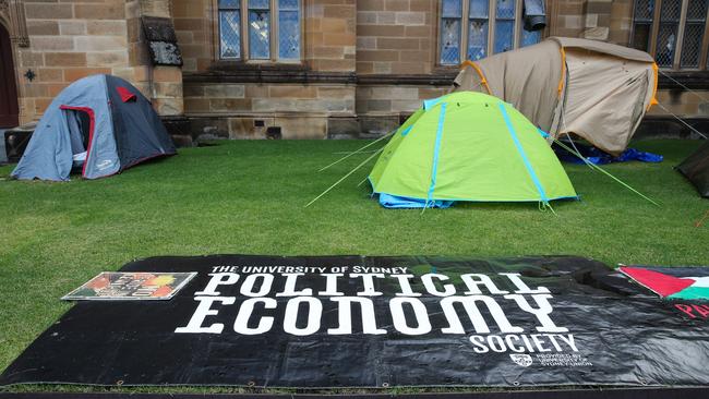 Protesters sleep on the University of Sydney campus. Picture: NCA NewsWire / Gaye Gerard