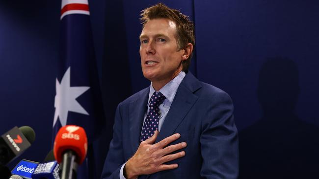 An emotional Attorney-General Christian Porter in Perth on Wednesday. Picture: Getty Images