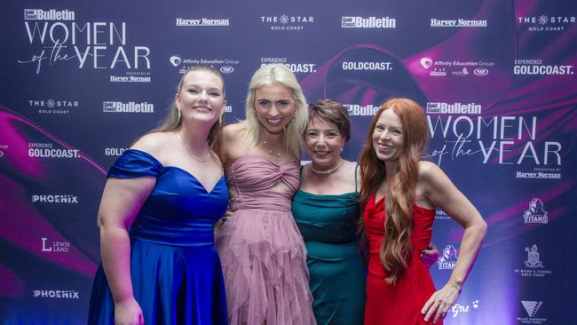 Young Woman winner Annie Rogers (left), Champion of Sport and overall winner Alexa Leary, Professionals winner Kathleen Simpson and Entrepreneurs winner Regan Merka at the Gold Coast Bulletin Women of the Year Awards by Harvey Norman at the Star Gold Coast. Picture: Glenn Campbell