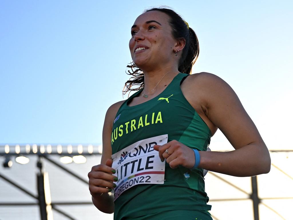 Mackenzie Little’s smile sends a stern warning to her javelin competition when she steps into the arena. Picture: Ben Stansall/AFP