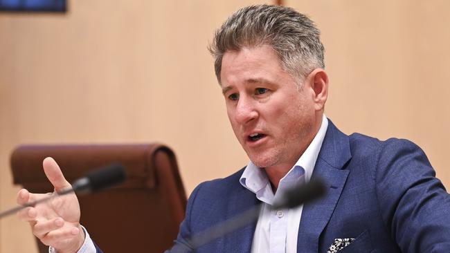 Nine CEO Mike Sneesby appears before a hearing on the prominence and anti-siphoning Bill at Parliament House in Canberra. Picture: NCA NewsWire / Martin Ollman