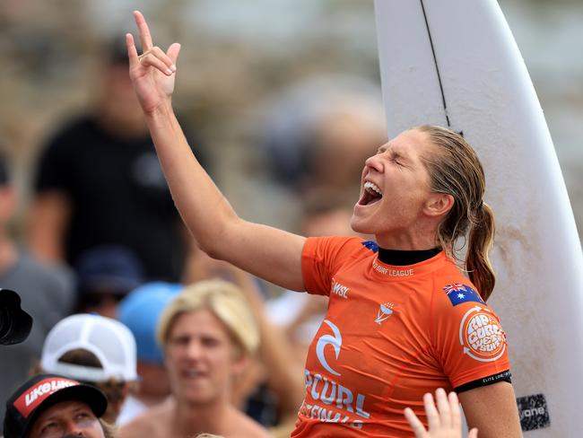 Stephanie Gilmore of Australia reacts after finishing first place in the Ripcurl WSL Finals at Lower Trestles on September 08, 2022 in San Clemente, California. (Photo by Sean M. Haffey/Getty Images)