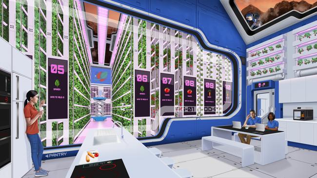 An artist's impression of vertical farming in a controlled environment on Mars.