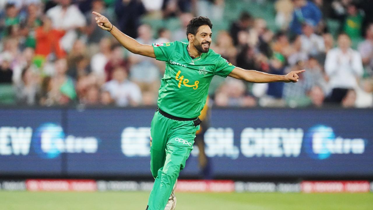 Haris Rauf of the Melbourne Stars celebrates a hat-trick during the Big Bash League (BBL) this season.