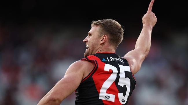 Jake Stringer celebrates a fourth quarter goal. Picture: Michael Klein