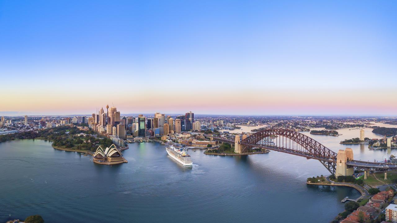 Aerial Panoramic View of Beautiful Sunrise at Sydney City Skyline