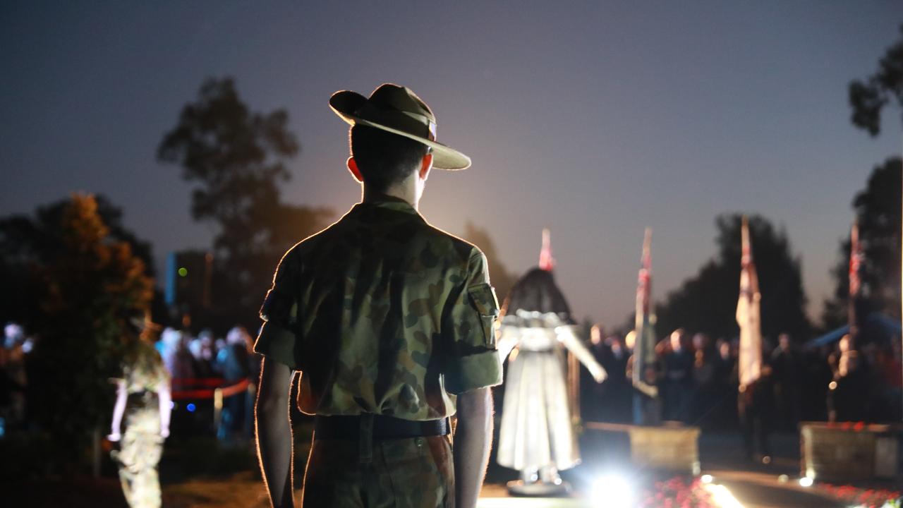 A Blacktown 202 Army Cadet Unit member at Anzac Day commemorations at Pinegrove Memorial Park in Minchinbury. Picture: Angelo Velardo