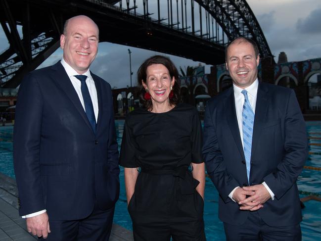 Trent Zimmerman MP, Mayor Jilly Gibson and Minister Josh Frydenberg at the pool. Picture: Monique Harmer/AAP Image