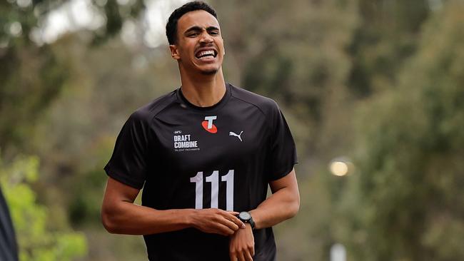 MELBOURNE, AUSTRALIA - OCTOBER 04: Adrian Cole (Victoria Metro - Sandringham Dragons) crosses the finish line during the 2km time trial during the Telstra AFL National Draft Combine Day 1 at the AIA Centre on October 04, 2024 in Melbourne, Australia. (Photo by Dylan Burns/AFL Photos via Getty Images)