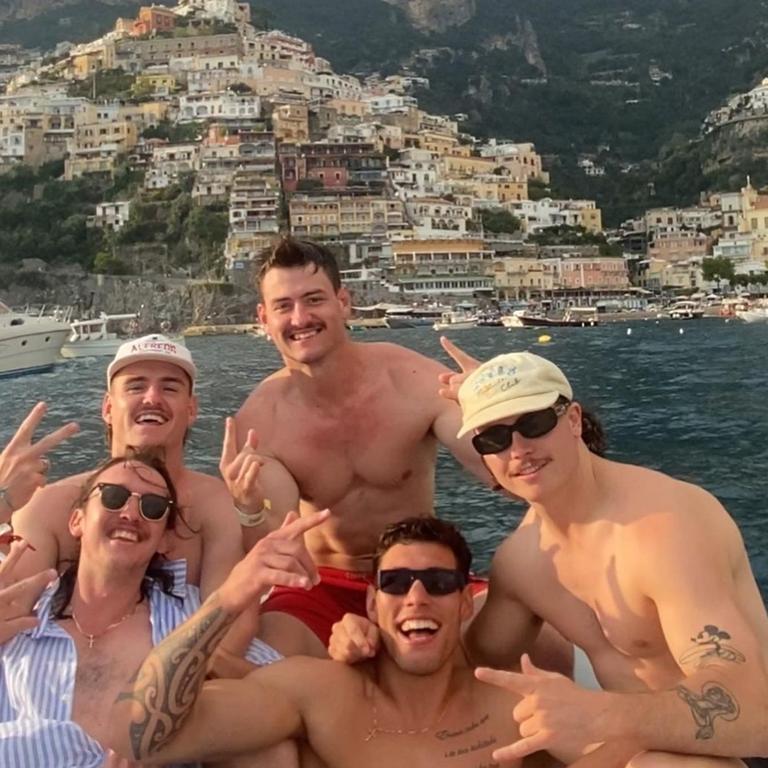 Titans’ fullback Alexander ‘AJ’ Brimson and Broncos stars Jordan Riki and Jesse Arthars are shattered over the death of their mate Liam (far right). Picture: Instagram