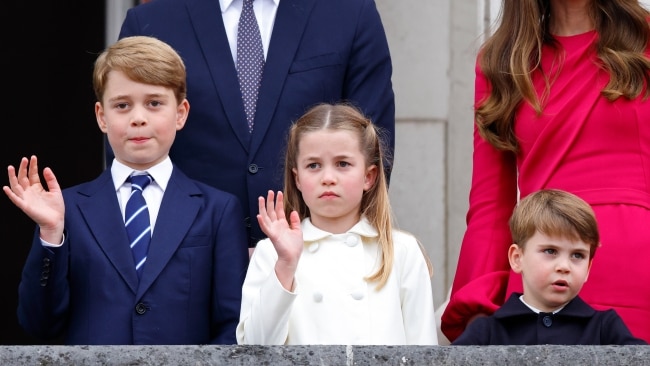 Prince George, eight, Princess Charlotte, six, and Prince Louis, four, during the Platinum Jubilee celebrations. Picture: Getty Images
