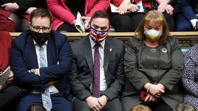 Christian Wakeford, centre, dramatically quit the Tories yesterday to join Labour. Picture: AFP