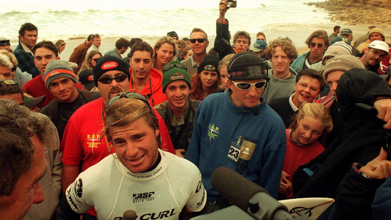 Mark Occhilupo pictured in 1998 after winning the Bells Beach Rip Curl Pro.