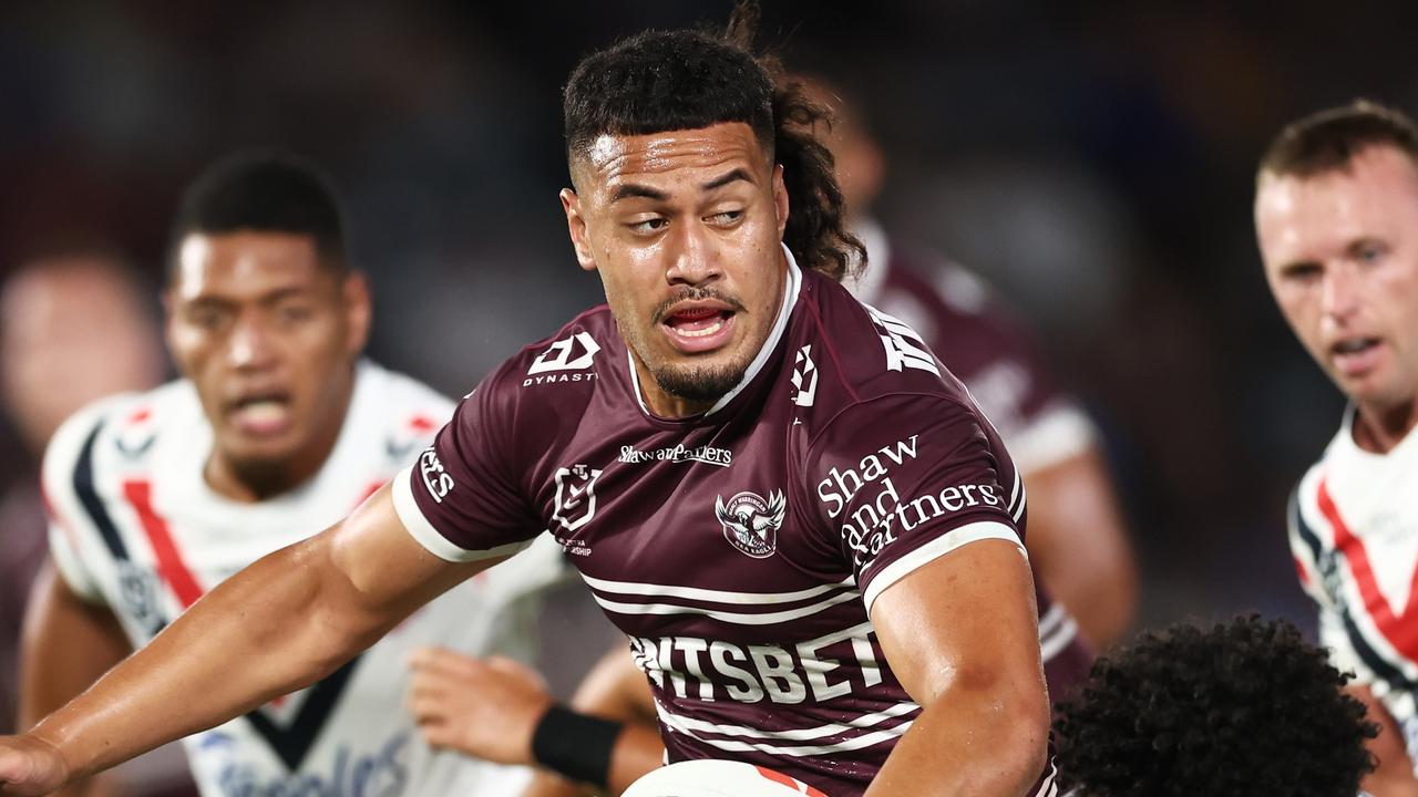 GOSFORD, AUSTRALIA - FEBRUARY 17: Kelma Tuilagi of the Sea Eagles is tackled during the NRL Trial Match between the Sydney Roosters and the Manly Sea Eagles at Central Coast Stadium on February 17, 2023 in Gosford, Australia. (Photo by Matt King/Getty Images)