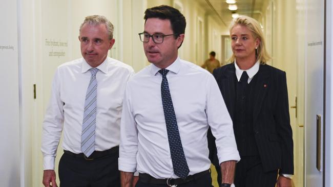 David Littleproud, with deputy Kevin Hogan and Senate leader Bridget McKenzie, defended the reasons for the initial break-up. Picture: NewsWire / Martin Ollman
