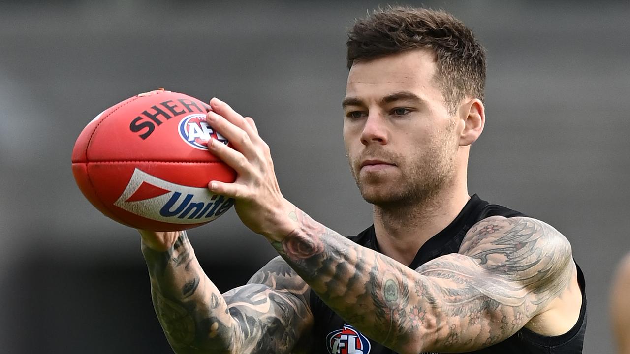 Collingwood’s Jamie Elliott marks during a training session before the team’s visit to Adelaide. Picture: Quinn Rooney/Getty Images