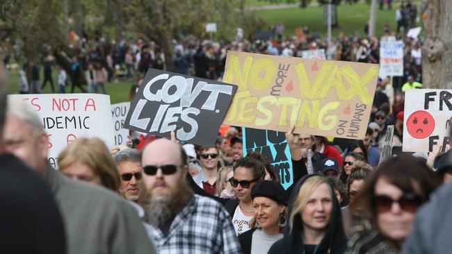 “Freedom Rally” protestors march in Adelaide. Picture: Emma Brasier